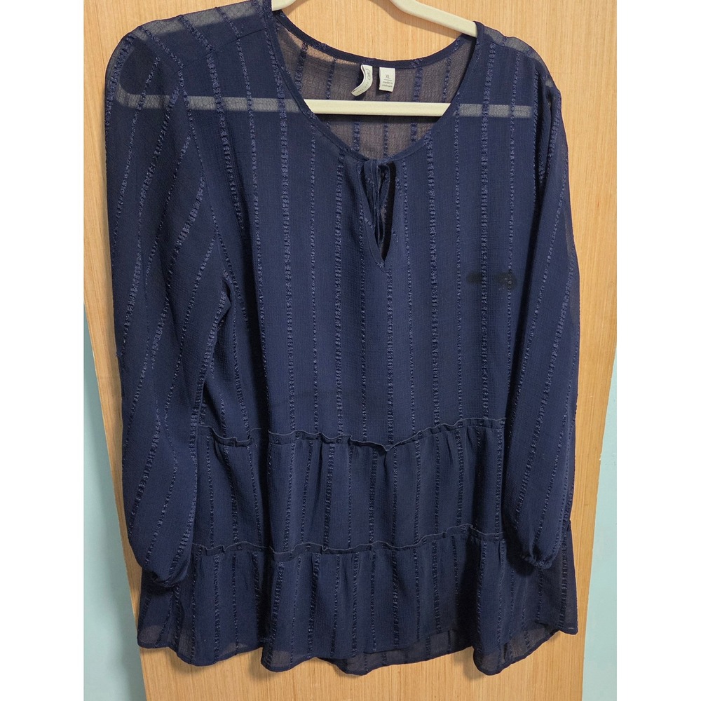 Cato Navy Blue Sheer Striped Tiered Peplum Blouse XL Long Sleeve Split Neck Top